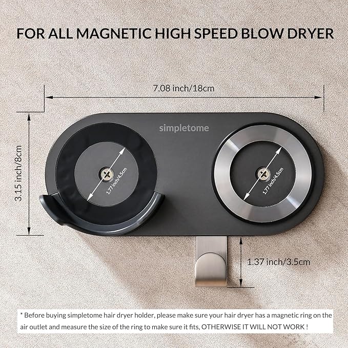 simpletome Hair Dryer Holder Wall Mount for All Magnetic High Speed Blow Dryer with Plug Cord Organizer Hook (Aluminum Alloy, White)