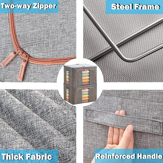 Large Capacity Clothes Storage Bags,Stackable Storage Organizer with Foldable Metal Frame, 2-Way Zipper, Handles, Clear Window for Clothes, Bedding, Seasonal Storage (3Pack, 66L)