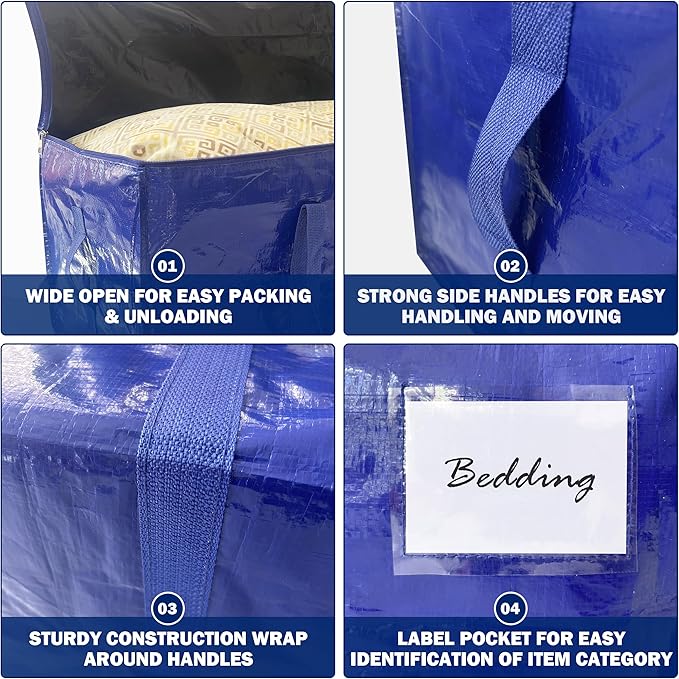 16 Pack Extra Heavy Duty Large Moving Bags with Strong Zipper & Carrying Handles, Sturdy Clothes Storage Bags Totes Bins, Packing Moving Boxes College Supplies, Dark Blue - 40 gal