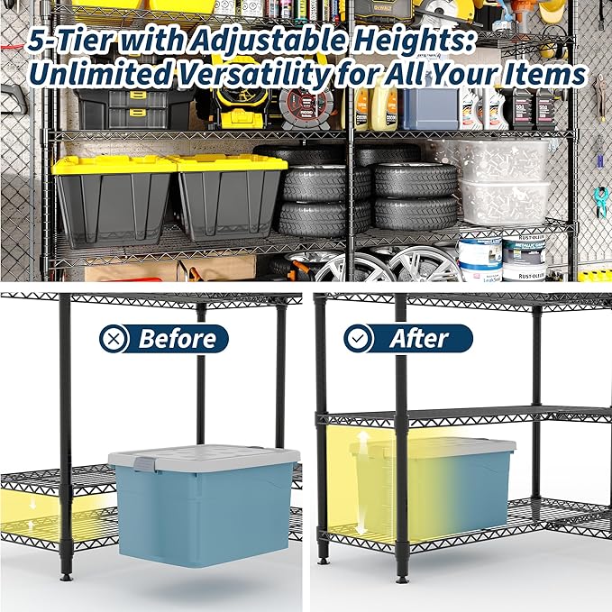 5-Tier Storage Shelving Unit Metal Shelves 59" W Wire Shelving, 70" H L-Shaped Pantry Shelves Kitchen Storage Shelves for Home Commercial Garage Heavy Duty, 70.5" H x 59" W x 13.8" D