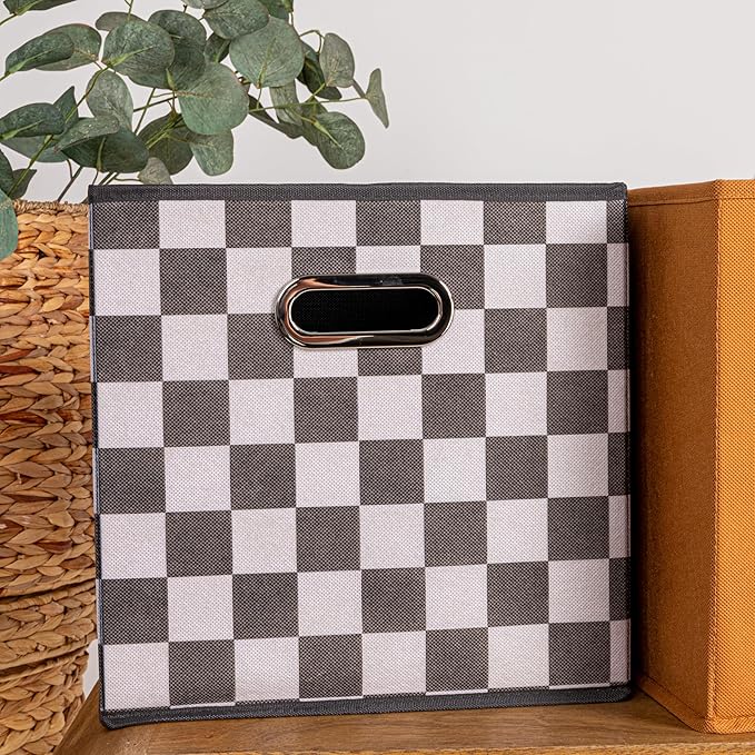 Household Essentials Foldable Fabric Storage Cubes 6-Pack – 11x11x11 Stackable Non-Woven Bins with Chipboard Sides & Grommet Handles – Closet, Shelf, Nursery, or Office Organizer – Checkerboard