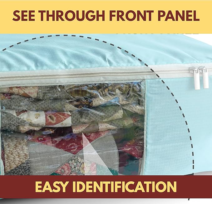 Madam Sew Quilt Blanket Storage Bag|Blanket Organizer|Comforter Storage for Clothes, Quilts, Bedding|Linen Bag Storage with Visible Front Panel, Strong Handles & 2-Way Zipper - Turquoise 22x15x8"