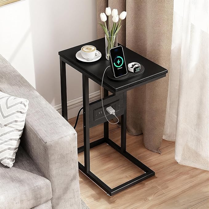 VECELO C Shaped End Side Table with Charging Station & Power Outlets for Couch Sofa/Bed, Snack TV Tray with Metal Frame for Living Room Bedroom 1 PCS, Black