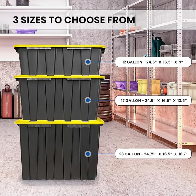 Lifetime Home 4 Pack of Large 17 Gallon Plastic Storage Bin Tote Organizing Container with Secure Latching Lids, Stackable, Extra Strength Clear with Built in Handle - Black and Yellow