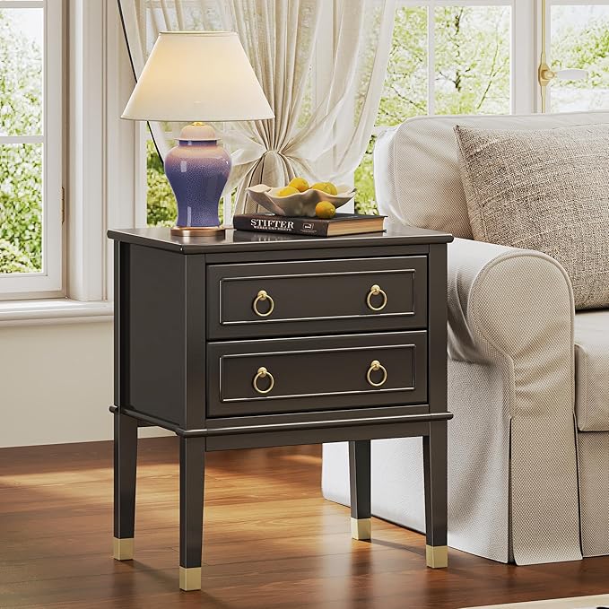 Huuger 27.6 Inch Tall Nightstand with Charging Station, USB-C Port, 2 Drawers Bedside Table, Larger Night Stand with 11.4 Inch Raised Legs, Painted Side Table End Table, for Bedroom, Black
