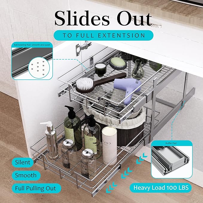 2 Tier Pull Out Cabinet Organizer 11" W X 22" D, Slide Out Drawers For Kitchen Cabinets, Pull Out Drawers For Cabinets Capacity Heavy Duty Caddy, Cabinet Pullout Shelves Chrome-Plated, Bathroom Pantry