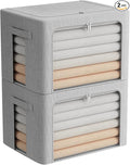 FHSQX 2 Pack Clear Window Storage Bins - Large Stackable Linen Fabric Storage for Clothes Foldable Container Organizer Set with Carrying Handles (Light Gray, 23.6x 16.5x 15.7 Inch)