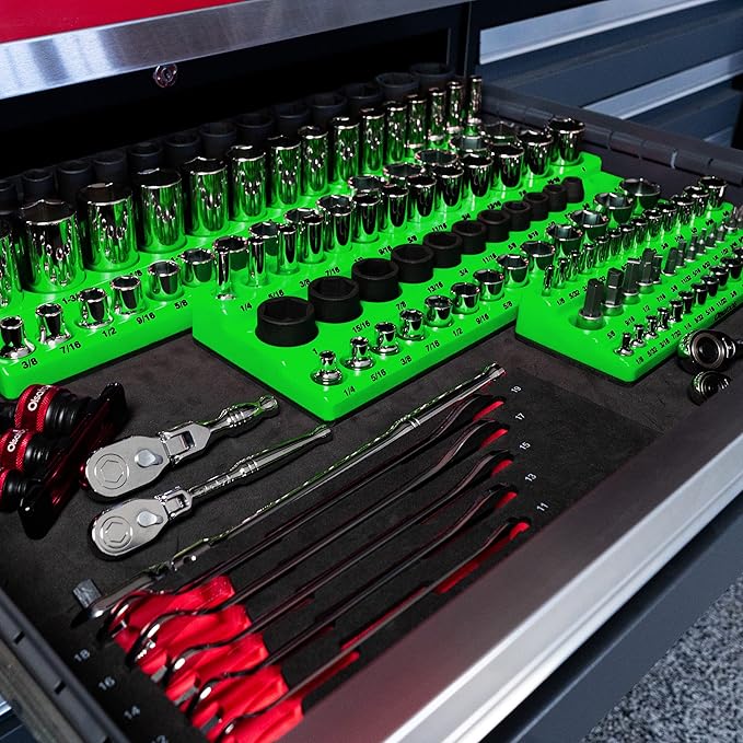Olsa Tools Magnetic Socket Organizer - 1/2-Inch Drive, 3 Row - Holds 45 Sockets - SAE Green, Professional Grade - Part: 1549