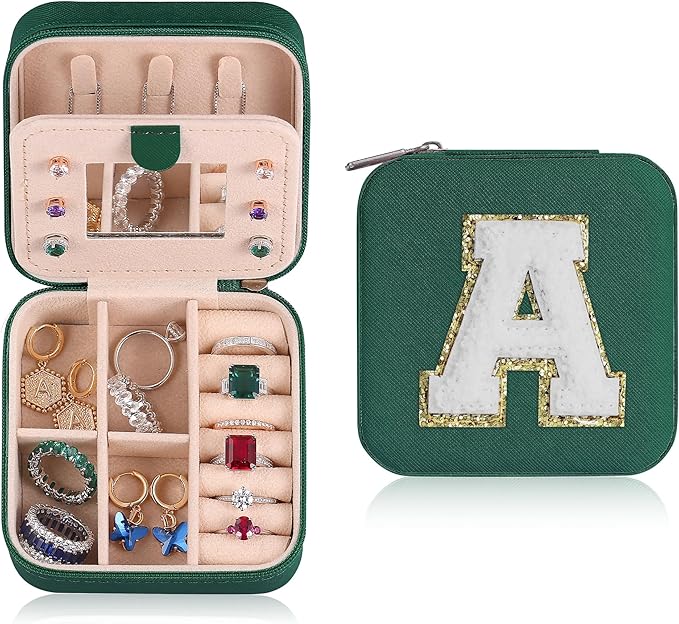 Parima Christmas Stocking Stuffers Gifts for Grandkids Her - Trendy Travel Jewelry Case - Green Travel Jewelry Box | Birthday Gifts for Women Mom Gifts for Women - Letter A, Green
