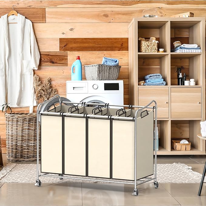 Simple Houseware 4-Bag Heavy Duty Rolling Laundry Sorter Cart, Chrome
