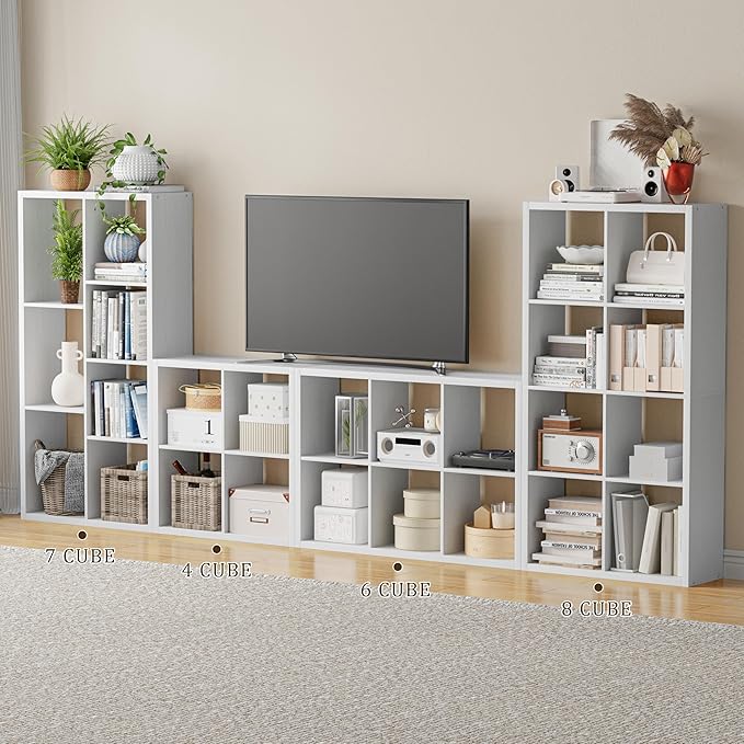 Cube Storage Organizer Bookcase, Decorative 11 inch Open Back Cubical Shelf with Thickened Border, Display Bookshelf for Living Room, Home Office, Sturdy Room (White, 8 Cube)