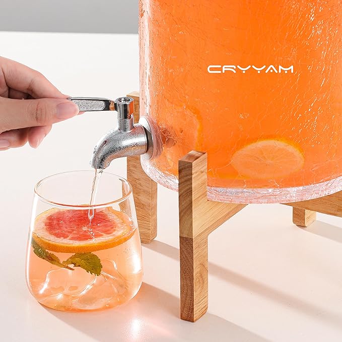 2 Gallon Glass Drink Dispenser with Stand, Beverage Dispenser with Wood Lid and Stainless Steel Spigot, Glass Water Dispenser for Parties, Ideal for Juice, Tea, Lemonade, and More