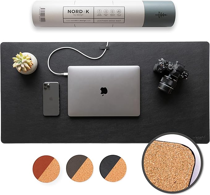Nordik Cork Leather Desk Mat Cable Organizer (Pebble Black 35 X 17 inch) Premium Extended Mouse Mat for Home Office Accessories - Non-Slip Vegan Leather Desk Pad Protector & Desk Blotter Pad