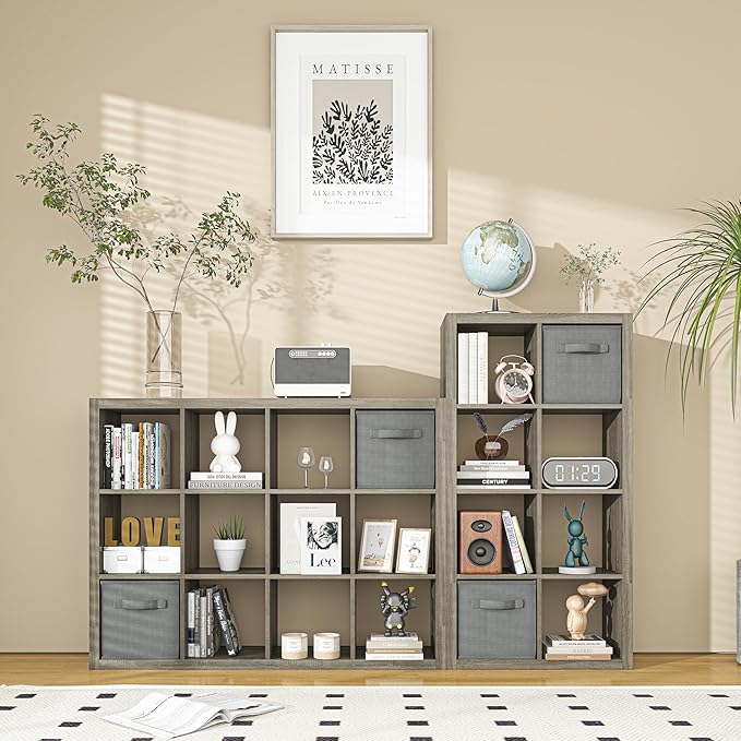 Bookshelf with Storage Bins, 20-Cube Storage Organizer with Back Panels, Modern Bookshelf for Bedroom, Multifunctional Display Cube Bookshelves for Living Room, Bedroom, Home Office
