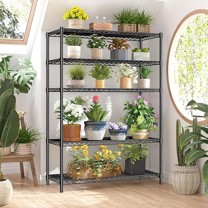 5 Tier Storage Shelves 71"H Wire Shelving Adjustable Metal Shelving,1000LBS Pantry Shelves Sturdy Steel Wire Shelf for Kitchen School Pantry Garage Warehouse ,71"H X35.5"W X13.8"D, Black,2P