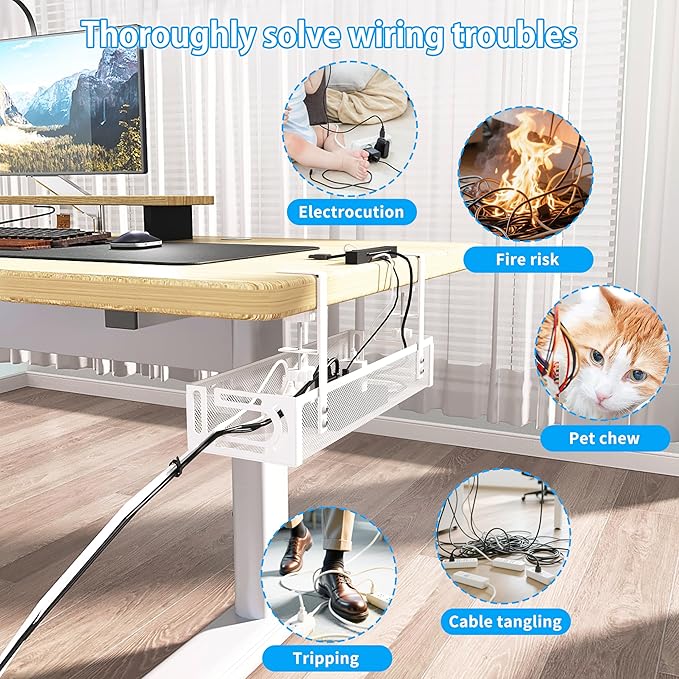 No Drill Under Desk Cable Management Tray, SONATURE 25.3" Cord Organizer for Table, Clamp Mount Desk Cable Management, Premium Carbon Steel Cable Organizer for Office, Home (White)