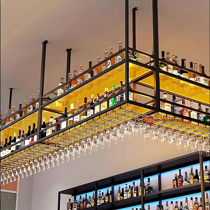 47.2IN Acrylic Ceiling Wine Glass Rack with Transparent Shelves, Hanging Wine Rack with Glass Holder and LED lights, 2 Layer Ceiling Bottle Holder Shelf for Bar Kitchen Decorate (47.2in/120cm)