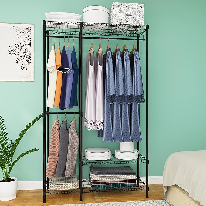 Heavy Duty Garment Rack for Hanging Clothes,Wire Metal Clothing Rack,Adjustable Portable Clothing Rack,Freestanding Open Wardrobe Organizer Rack,39.5"L x 15.75"W x 75.6"H Max Load 600LBS,Black
