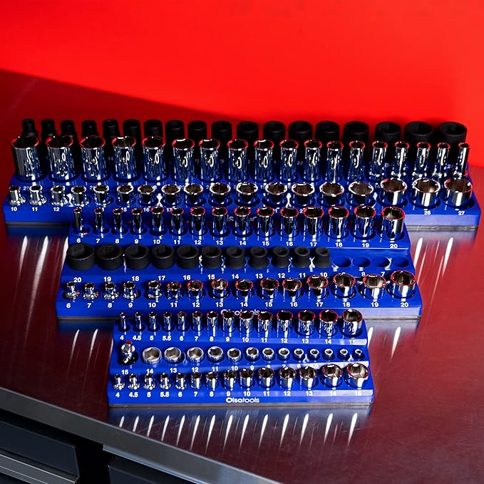 Olsa Tools Magnetic Socket Organizer (1/2-Inch Drive, 3 Row) - Magnetic Tool Organizer & Socket Holder - Tool Box Socket Organizers - Metric Blue - Holds 54 Sockets - Professional Grade - Part: 1555