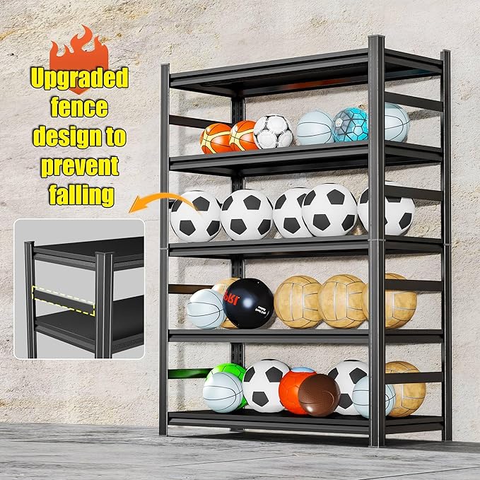 Storage Shelves, Garage Metal Shelving Unit, Adjustable, Double-Layer Column with Reinforced Ribs, Heavy-Duty, Capable of Bearing 600-3600 lbs (Black, 45''W*20''D*63''H, 5-Tier)
