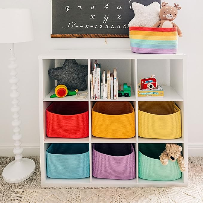 OrganiHaus Rainbow Woven Storage Baskets for Organizing, Cotton Rope Organizer Bins for Shelves, Closet & Nursery, Dog Toy Basket, Decorative Bins for Toys, Towels & Books - 15x10x9