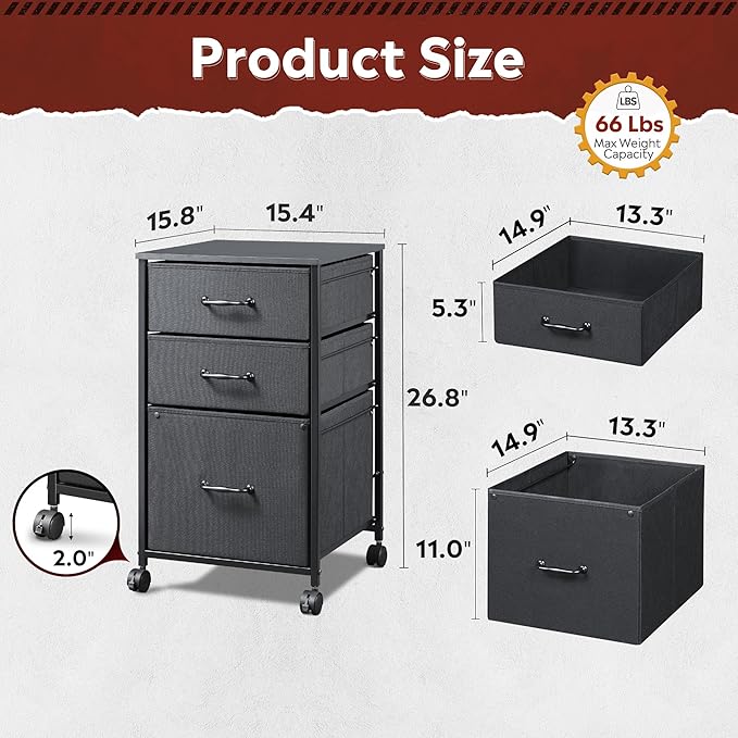 DEVAISE Mobile File Cabinet, Rolling Printer Stand with 3 Drawers, Fabric Vertical Filing Cabinet fits A4 or Letter Size for Home Office, Black