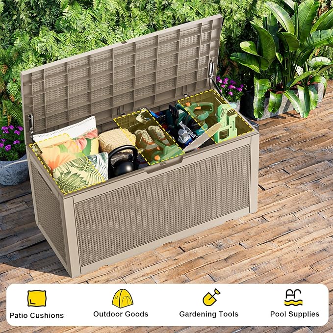 EasyUp 120 Gallon Outdoor Storage Box Waterproof, UV Resistant Resin Deck Box with Hydraulic Rod, Reinforced Stability for Patio, Garden, Rattan Gray