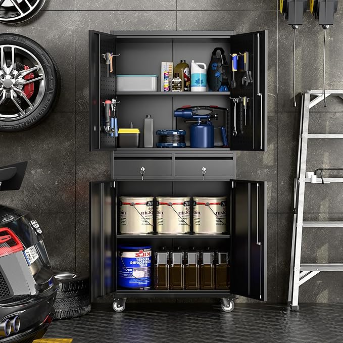 SUXXAN 71" Metal Garage Storage Cabinet with 8 Hooks and Pegboards,2 Drawer Rolling Tool Storage with Locking Doors and Adjustable Shelves,Heavy Duty Steel Tool Cabinet for Garage, Warehouse