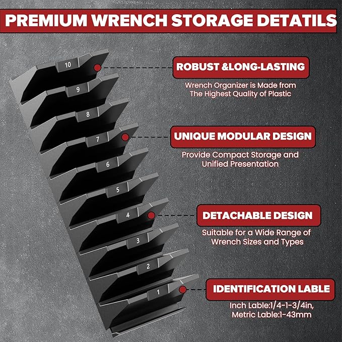 80PCS Modular Wrench Organizer Wrench Holder - Wrench Tool Organizers for Tool Drawer Storage, Wrench Storage Set with Metric & SAE Label, Rack Tool Gift for Professional Mechanics Men, Black
