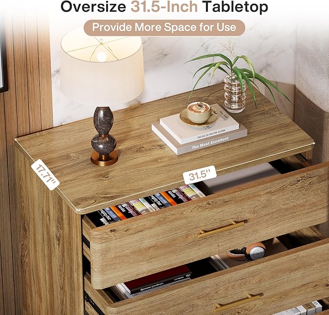 Tribesigns Oversized Nightstand with 3 Drawers, 31.5-Inch Wide Wood Farmhouse Night Stand with Storage and Gold Mental Handles for Bedroom, Brown (1)