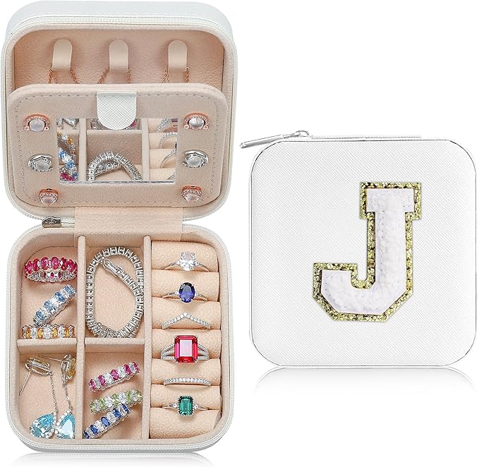 Parima Christmas Stocking Stuffers Gifts for Grandkids Teenage Girls - Travel Jewelry Case for Women Girls, Sisters Gifts from Brother| Birthday Gifts for Soul Friends - Letter J, White
