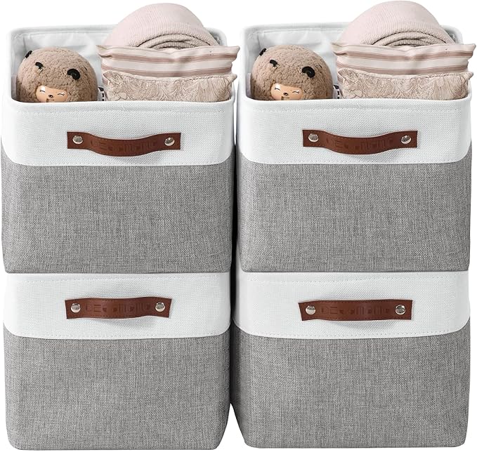 DECOMOMO Storage Baskets for Shelves - Fabric Storage Bins, Linen Closet Organizers and Storage (Grey & White, Large - 4 Pack)