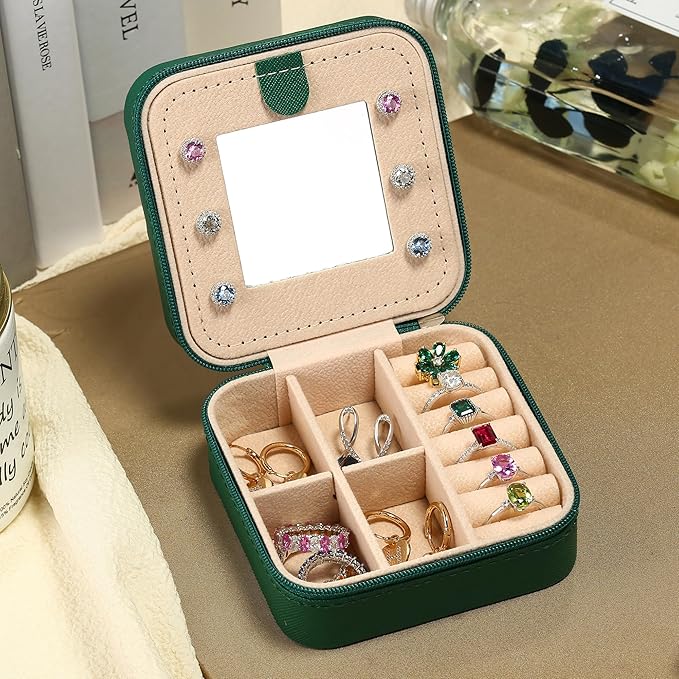 Parima Travel Jewelry Box for Girls Women, Initial Organizer Must Haves Case Necklace Earrings Ring Gifts Women, Green