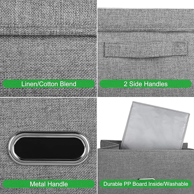 Large Linen Fabric Foldable Storage Bins with Removable Lid and Handles, Washable Storage Box Organizer Containers Baskets Cube with Cover for Bedroom,Closet,Office,Nursery (Grey, XXL)