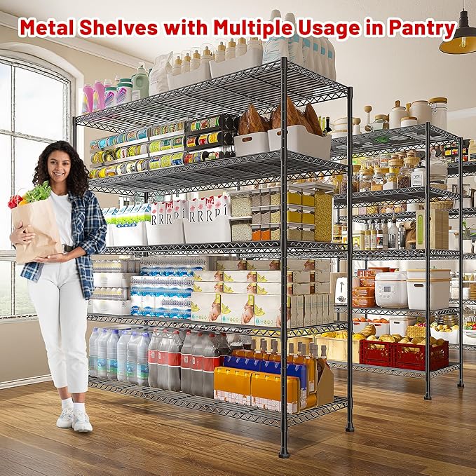 REIBII 45.8''W Storage Shelves 5 Tier Wire Shelving Metal Shelves for Storage 1000LBS Adjustable Heavy Duty Metal Shelving Unit Storage for Pantry Kitchen Garage 45.8" W x 71" H x 17.2" D 4PCS