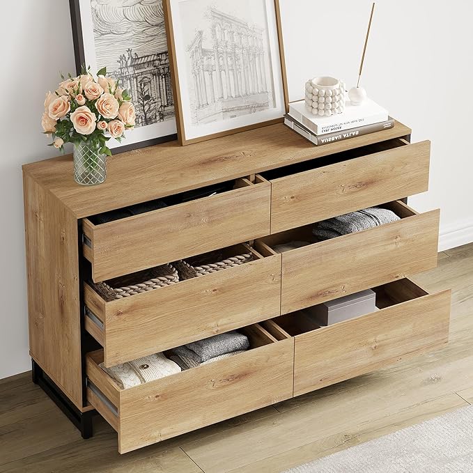 WAMPAT Dresser for Bedroom, Modern Wood Dresser with 6 Drawers, Chest of Drawers with Metal Base, Closet Organizers for Living Room, Entryway, Oak