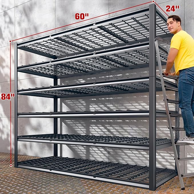 REIBII 60" W Garage Shelving, 3000LBS Storage Shelves, 6 Tier Heavy Duty Shelving, Adjustable Metal Shelving Units and Storage Rack for Warehouse, Pantry, Basement, 60" W x 84" Hx 24" D, 4 Pack