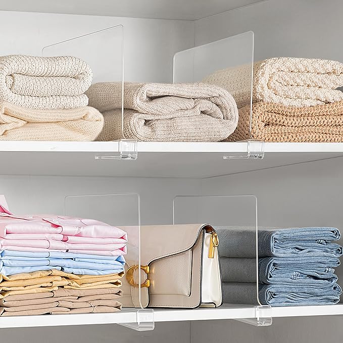 HBlife 12 Pcs Clear Acrylic Shelf Dividers, Vertical Purse Organizer for Closet Perfect for Sweater, Shirts, Handbags in Bedroom and Kitchen, Closet Separators for Organization Cabinet