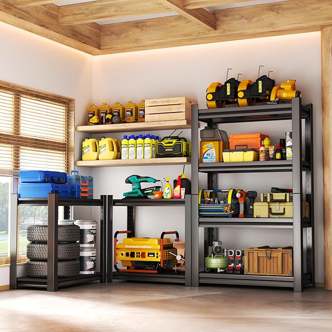 Storage Shelves, Garage Metal Shelving Unit, Adjustable, Double-Layer Column with Reinforced Ribs, Heavy-Duty, Capable of Bearing 600-3600 lbs (Black, 45''W*20''D*63''H, 4-Tier)