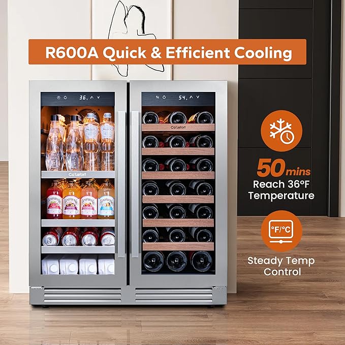 Ca'Lefort 30 Inch Wine and Beverage Refrigerator, 80 Can and 33 Bottle French Door Wine Refrigerator 36-72°F, 3 LED Wine Fridges with Glass Door, Built-in or Freestanding for Home/Kitchen (6.00 cu.ft)