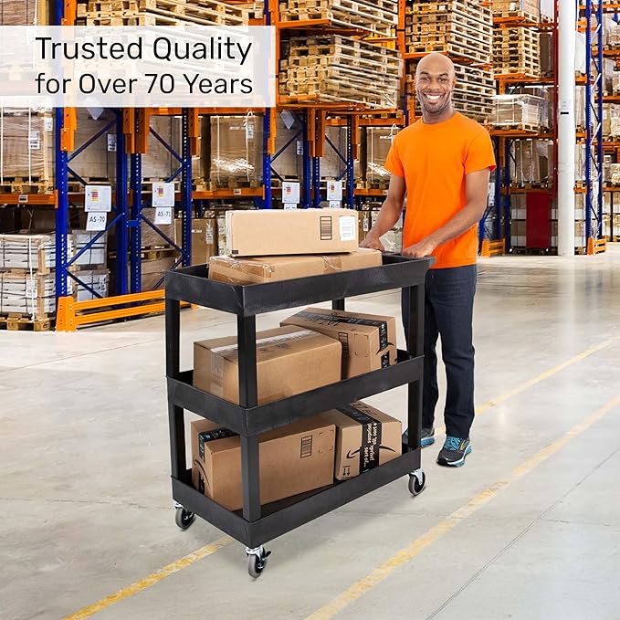 Tubstr 3-Tier Rolling Utility Cart 2-Pack | Each Supports up to 300 lbs. Heavy-Duty Shelf Cart for Garage Storage, Office Spaces, & Kitchen Use | Durable Tool Cart with Locking Wheels (Black, 32 x 18)