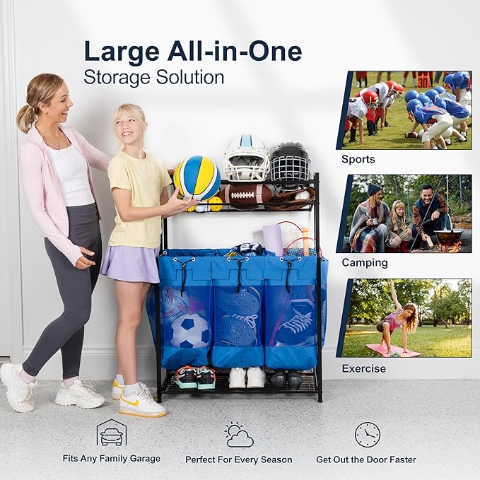 KASSELL Garage Sports Organizer Storage rack for sports equipment Ball, Heavy Duty Toy and Gear Storage Organizer with Grab and go bags (Black)