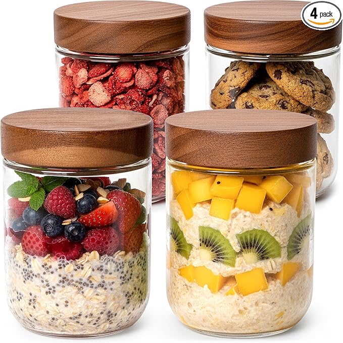 Overnight Oats Containers with Lids Acacia (4 x 16oz) Glass Jars for Oatmeal, Meal Prep, Food Storage | Leak-Proof Mason Jars for Oats, Cereal, Yogurt, Chia Pudding [Thicker Glass 3mm]