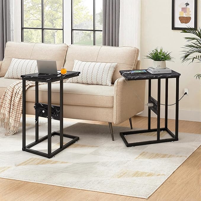 VECELO C Shaped End Side Table with Charging Station & Power Outlets for Couch Sofa/Bed, Snack TV Tray with Metal Frame for Living Room Bedroom 1 PCS, Black Marble