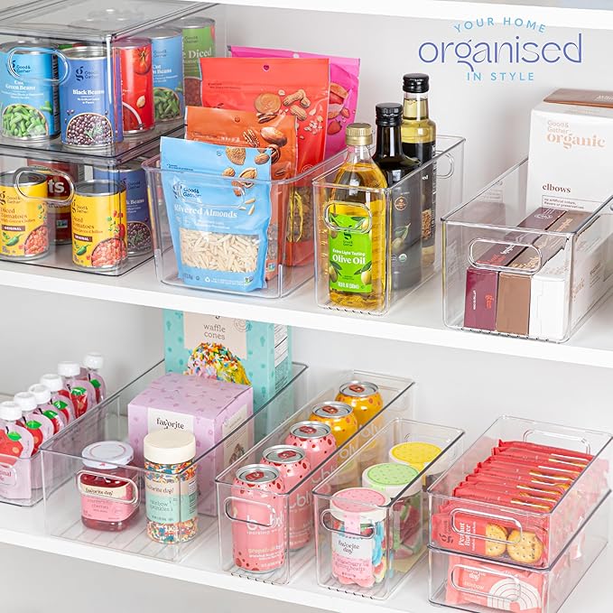 primebox Plastic Food Storage 6 Pack Clear Container Bin with Handles for Organizing Kitchen, Pantry, Refrigerator, Freezer, Pantry, Cabinet, Closet, Bathroom. 16”x8”x5”