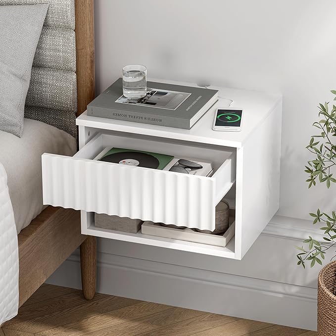 Floating Nightstands Set of 2 with Drawer and Open Shelf, Small Wall Mounted Bedside End Table, Modern Fluted Night Stand for Bedroom, Living Room, White