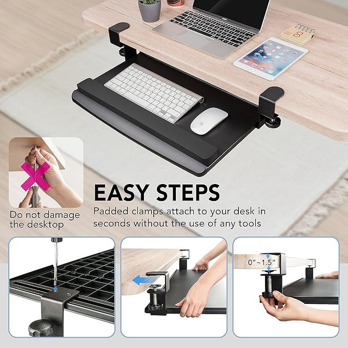 EHO Clamp-On Retractable Adjustable Keyboard Tray, Under Desk Ergonomic Keyboard Tray - Easy Tool-Free Install - Small with Wrist Rest 20" (24.8" Including Clamps) x 11.5" for Enhanced Typing Comfort