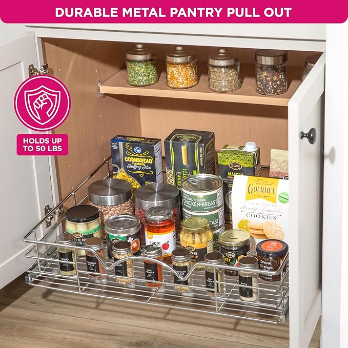 HOLDN’ STORAGE Heavy-Duty Premium Collection Pull Out Cabinet Organizer, Cabinet Drawer Slide Outs, Lifetime Limited Warranty - Basket Size 26" W x 21" D x 5" H, Anti-Rust Chrome Finish