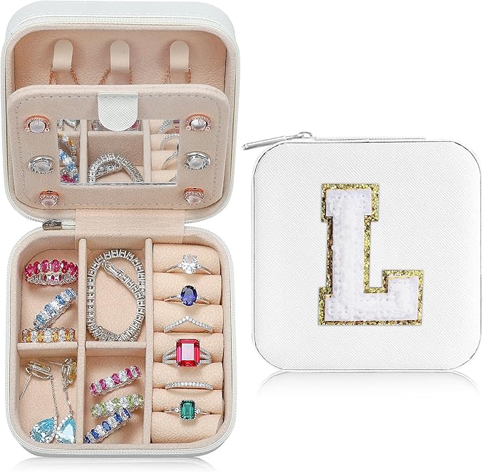 Parima Christmas Stocking Stuffers Gifts for Grandkids, Travel Gifts for Teacher Travel Jewelry Box | Teacher Birthday Gifts| Gifts for Teacher| Retirement Gifts for Women - Letter L, White