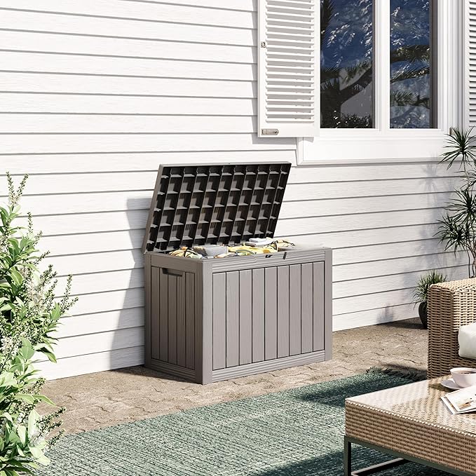 Outdoor Storage Box, Resin Deck Boxes Indoor and outdoor, Waterproof Storage Box Lockable Lid (Grey, 50 Gallon)